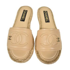 Chanel 23C Beige Lambskin Leather CC Logo Slide Sandal Slip Espadrille Flat 37